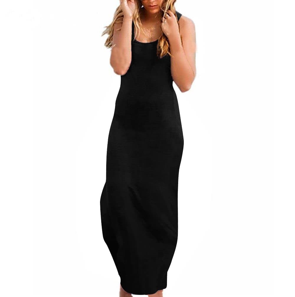 Roselux Women Sleeveless Scoop Neck Plain Maxi Sundresses Loose Racerback Long Dress Black S 5096
