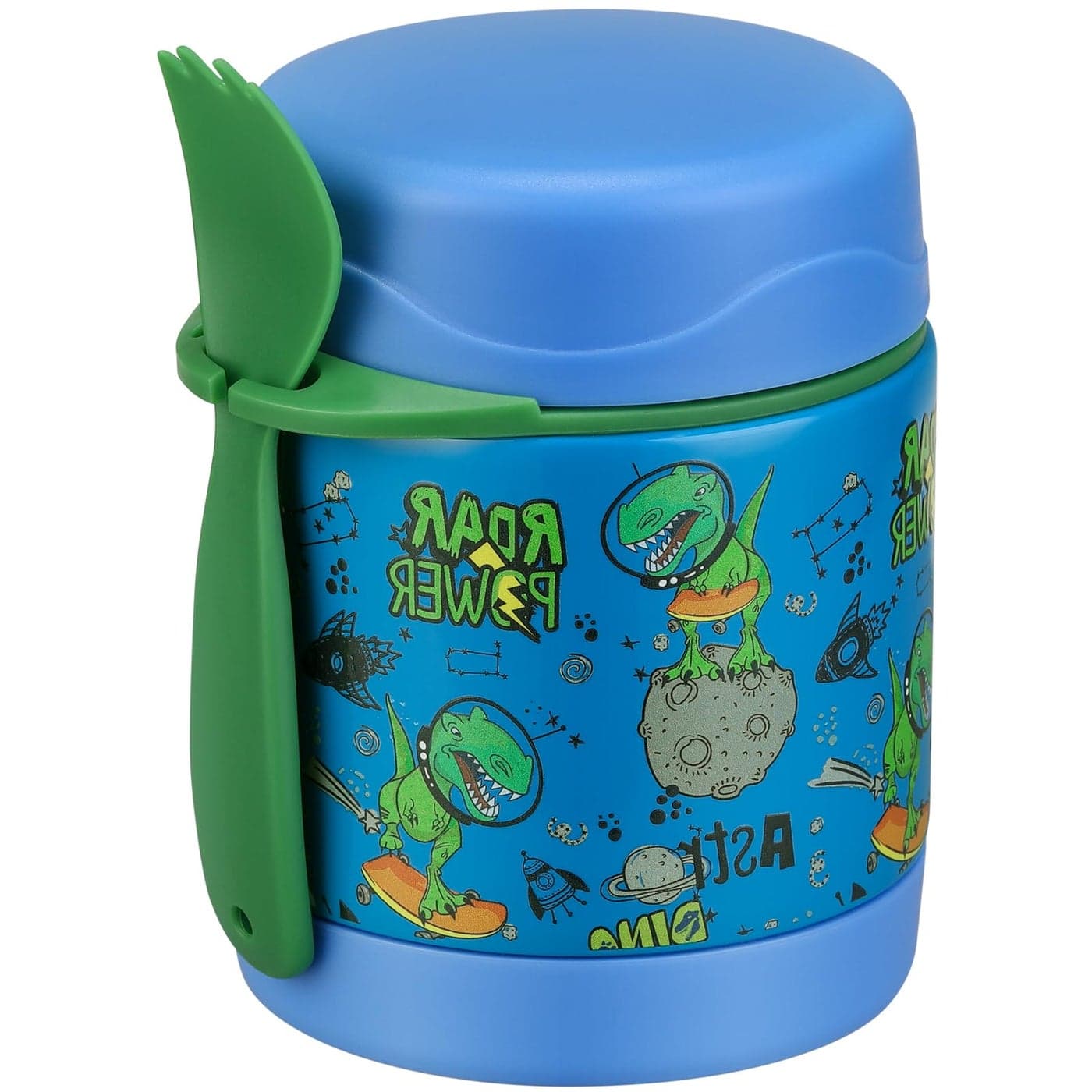 Howeemo 10oz Soup Thermo for Hot Food KidsLunch Thermo Kids Food Jar with Spoon Hot Insulated Food ContainersLeak Proof Stainless Steel Wide Mouth Lunch Food Thermo Jar for SchoolBlueDinosaur