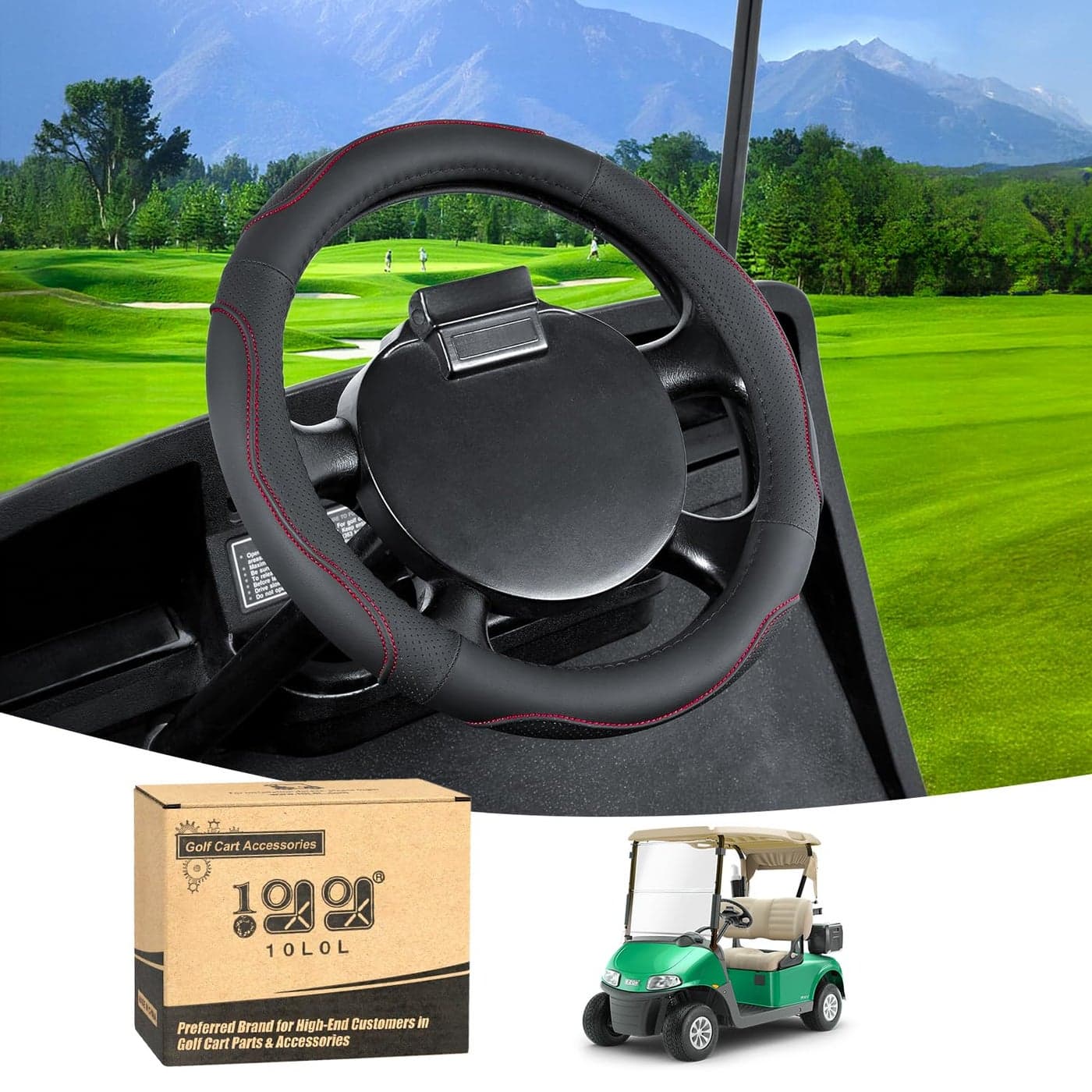 10L0L 13 Inch Golf Cart Steering Wheel Cover for EZGO TXT RXV Anti Slip PU Leather Comfortable Grip FeelingBlack Red