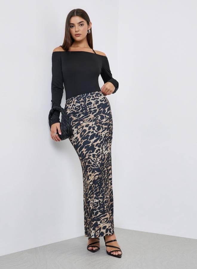 Take Two Animal Print Bodycon Maxi Skirt — L
