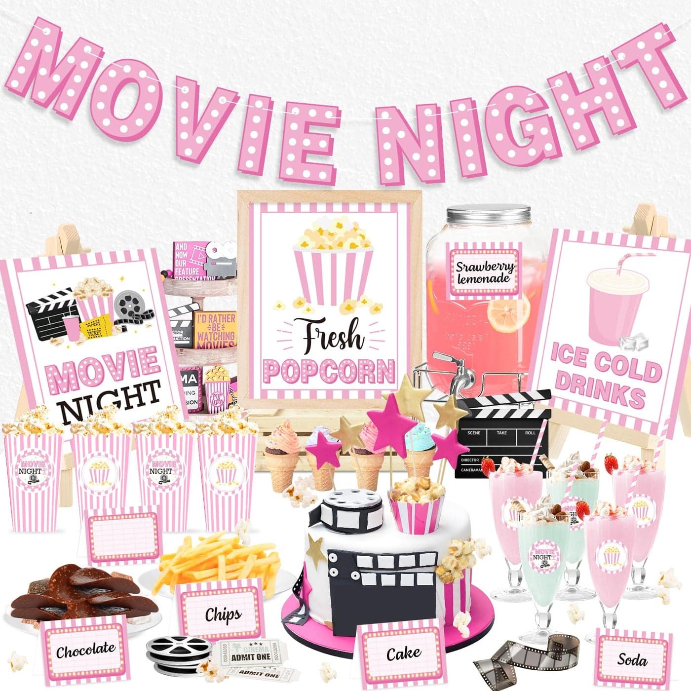 K KUMEED Movie Night Party Decorations Pink Movie Banner Cute Popcorn Sign Ice Cold Drink Toppings Tent Cards Stickers for Theme Party Supplies