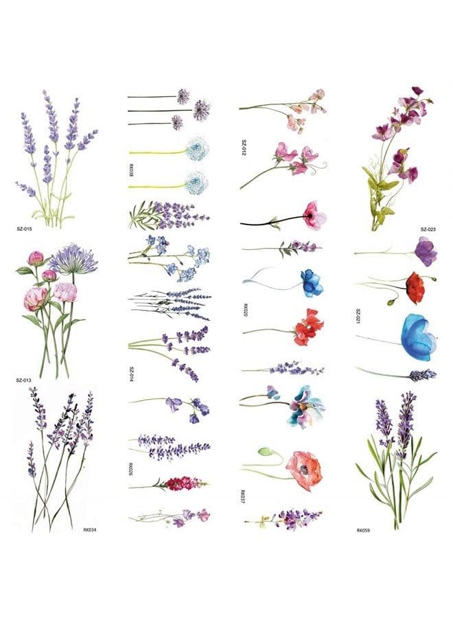 12Pieces/Lot 3D Watercolor Lavender Flower Temporary Tattoos For Women Body Art Arm Fake Flora Adults TattooSticker Waterproof Girls Tatoos