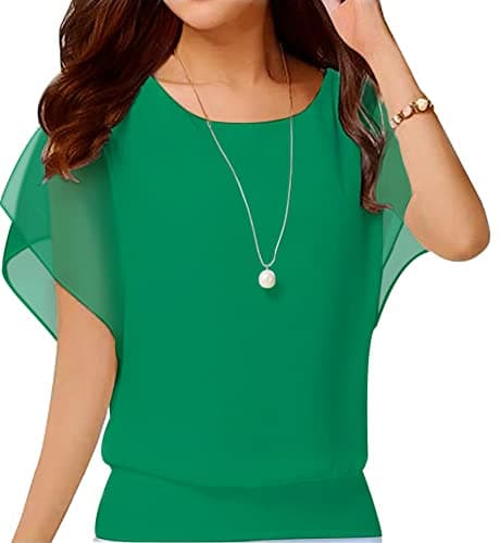 Neineiwu Women's Loose Casual Short Sleeve Chiffon Top T-Shirt Blouse (Blue Green,XX-Large)