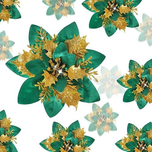 Geosar 24 Christmas Glitter Artificial Poinsettia Flowers Xmas Poinsettia Artificial Wedding Flowers Decorations Xmas Tree Ornaments with Clips for Party Favors 6 Inch 4 Inch 3 Inch Green Gold