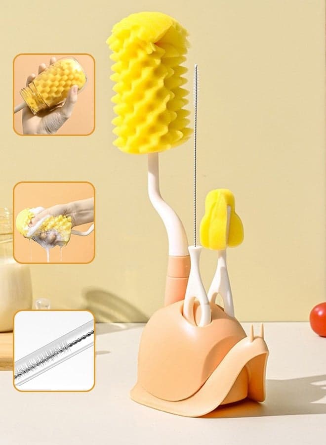 4-in-1 Baby Bottle Cleaning Brush Set, 360° Rotating Soft Sponge Bottles Cleaner with Bottle Brush, Nipple Brush, Straw Brush and Drying Stand for Home & Travel