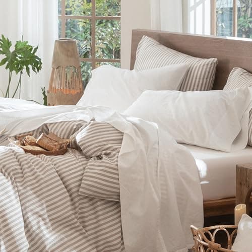 MooMee Bedding Sheet Set 100 Washed Cotton Linen Like Textured Breathable Durable Soft Comfy Solid Off White Queen