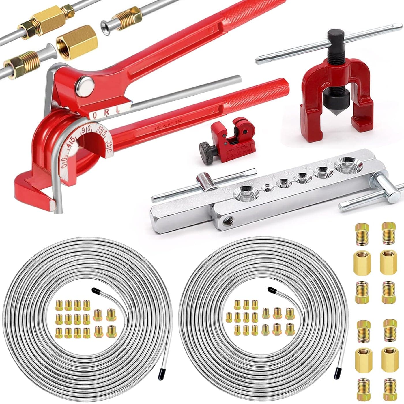 smseace 55Pack 316 Inch14 Inch Brake line kit include 25 FT Zincplated brake lines with fitting32pcs Fittings4pcs Union8pcs Nut brake line benderSingle flare toolcutter Brake line kit