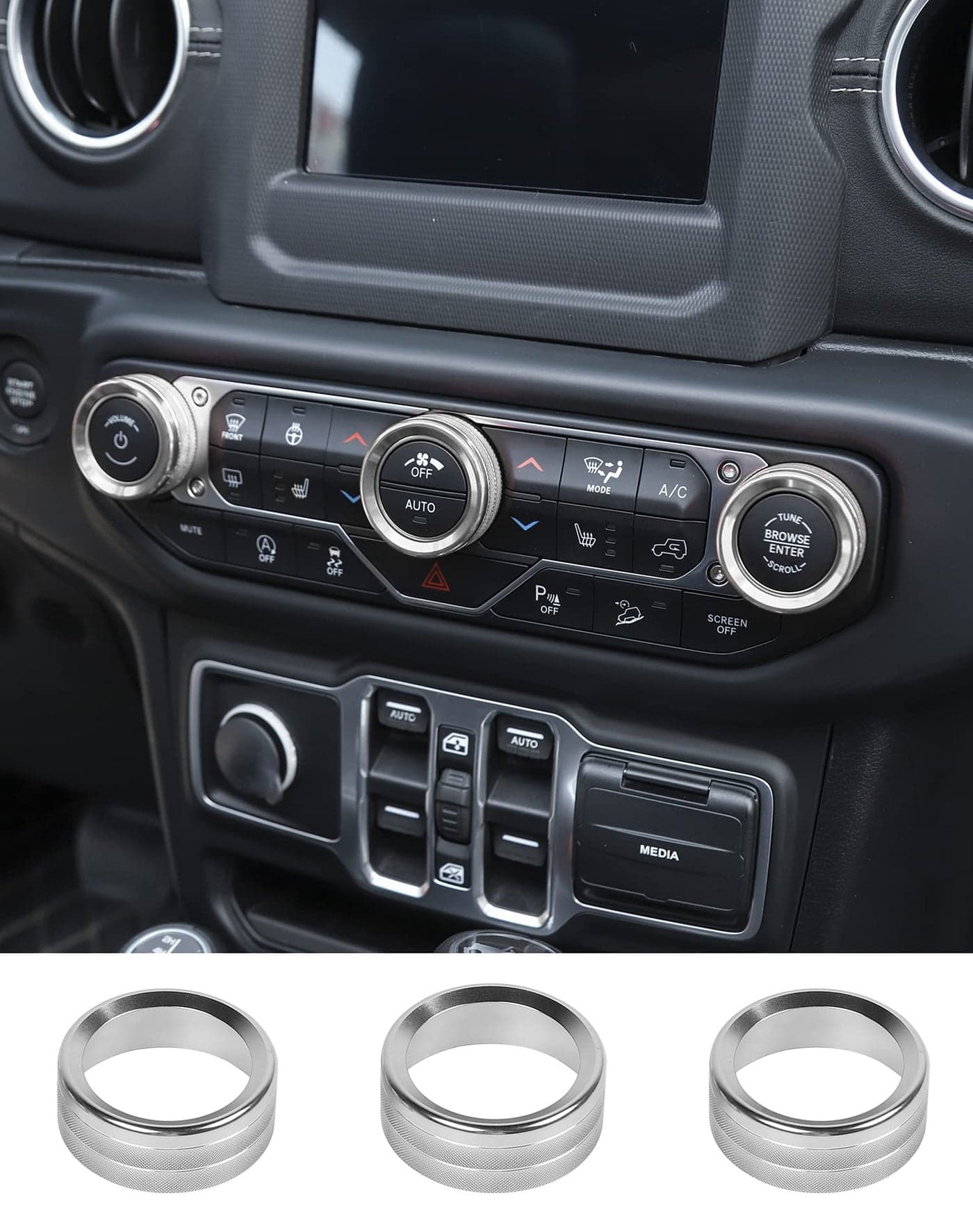 JeCar Air Conditioner Switch Knob Cover Aluminum Alloy Trim Cover Compatible with Jeep Wrangler 20182023 JL JLU 20202023 Gladiator JT with Specific Dial Panel Silver