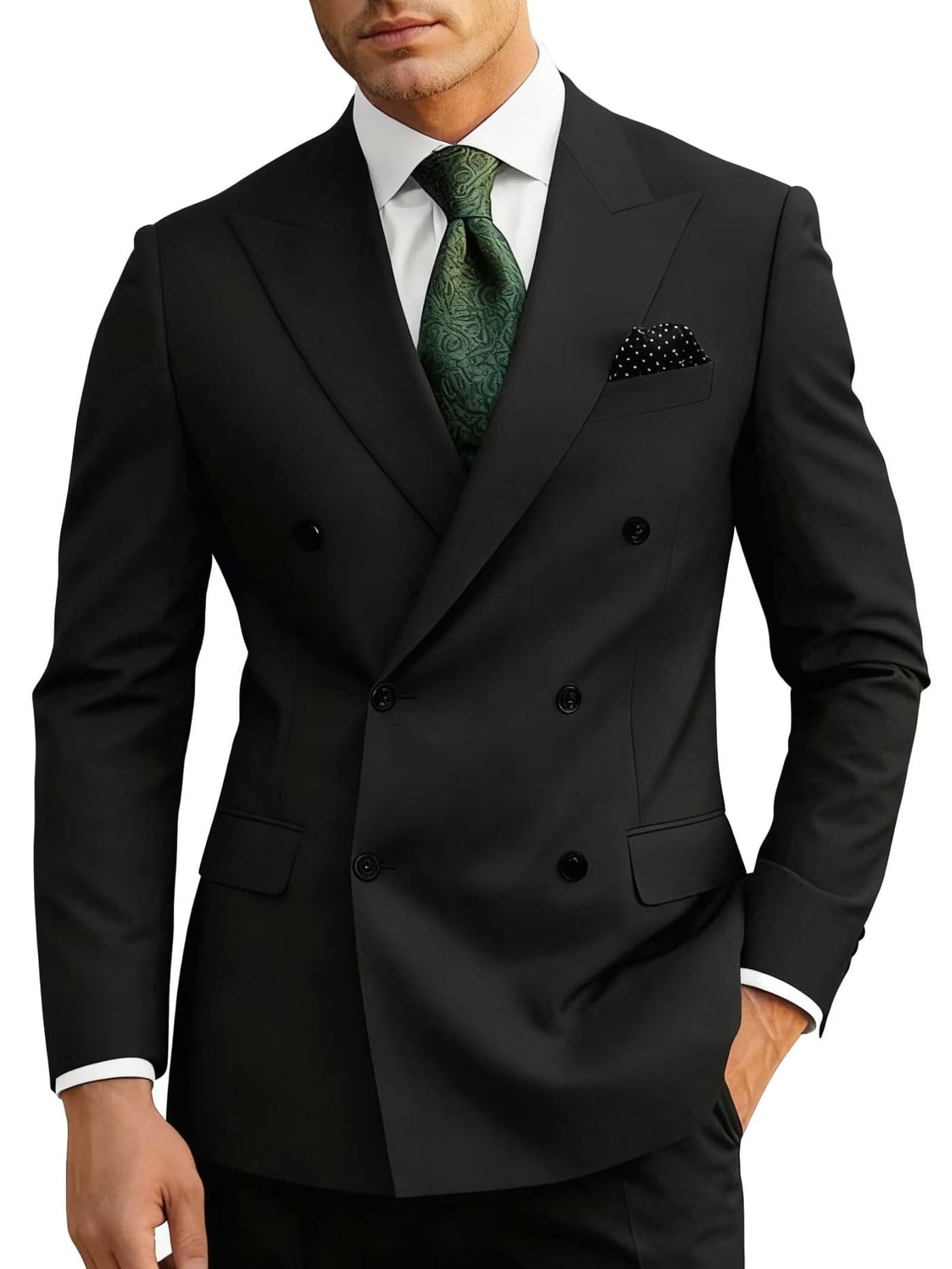 Wangyue Black Suit for Men 2 Piece Slim Fit Double Breasted Wedding Suit Men Black Double Breasted Blazer Pants Prom Formal Business Groom Dinner Party Tuxedo XS