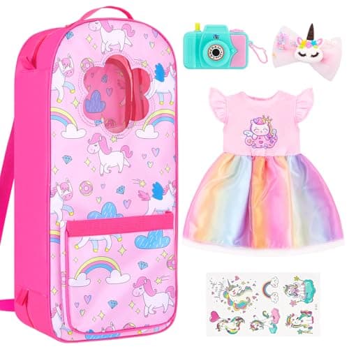 18INDC 18 Inch Doll Storage Bag 5PCS Unicorn Theme 18In Doll Accessories Set with Rainbow Dress Hair Clip Camera Stickers Fashion 18 Inch Dolls Carrier Bag Perfect for 18 Dolls