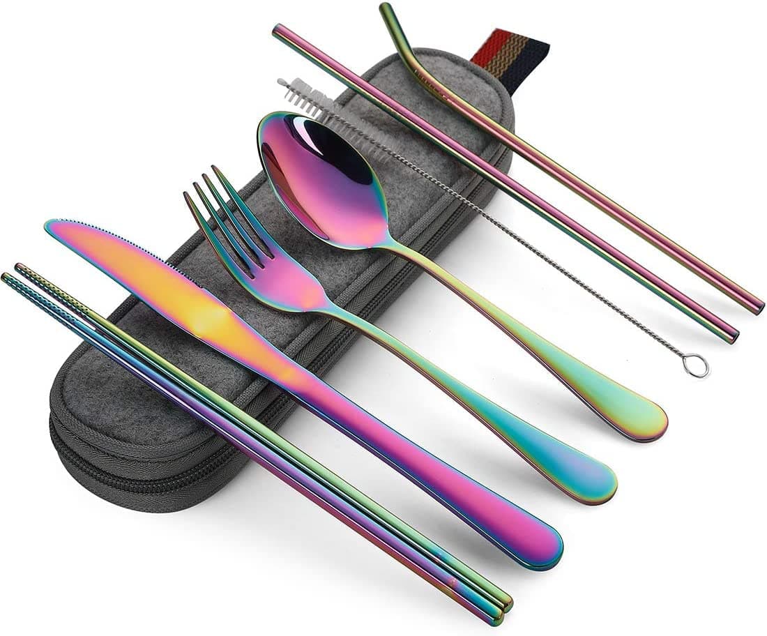 KITOME Portable Utensils, Travel Camping Cutlery Set, 8-Piece Including Knife Fork Spoon Chopsticks Cleaning Brush Straws Portable Case, Stainless Steel Flatware Set (Rainbow)
