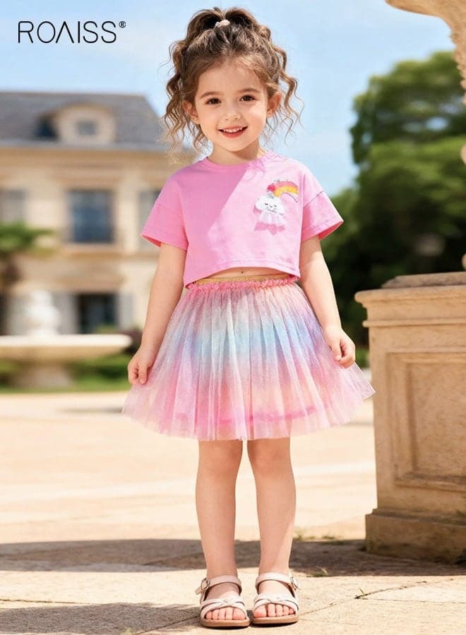Girls 2PCS Clothing Set, Round Neck Short Sleeve T Shirt and Tulle Skirt Set for Girls, Summer Outfit with Crop Top and Elastic Waist Skirt, Suitable for Daily Wear or Any Occasion
