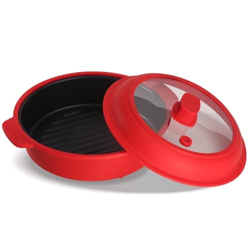 GLOU-GLOU GOOSE GGG Microwave Grill Pan, Fry Griddle Crisper Pan with Lid for Grilling Browning and Crisping Foods Microwave Silicone Cookware for Meat Sandwich Vegetable Red