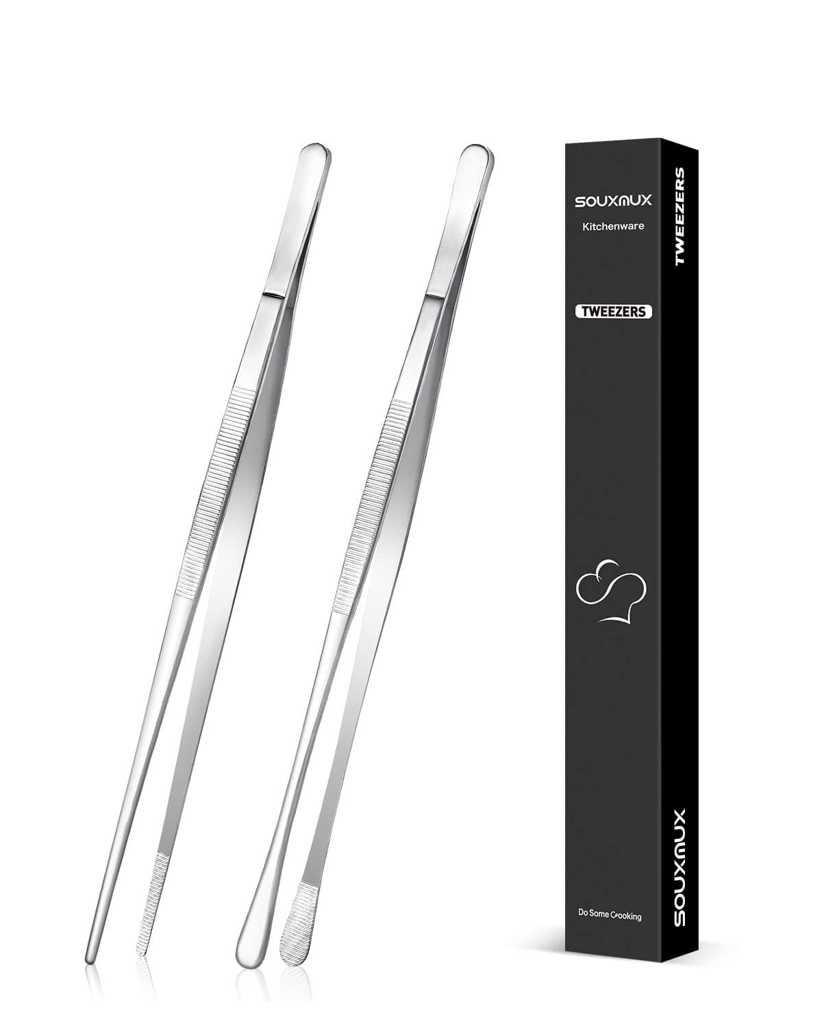 2 Pcs 10inch Cooking Tweezers Tongs Precision Serrated Tips Stainless Steel Professional Chef Tweezer Kitchen Tools for BBQ Plating and Serving Silver