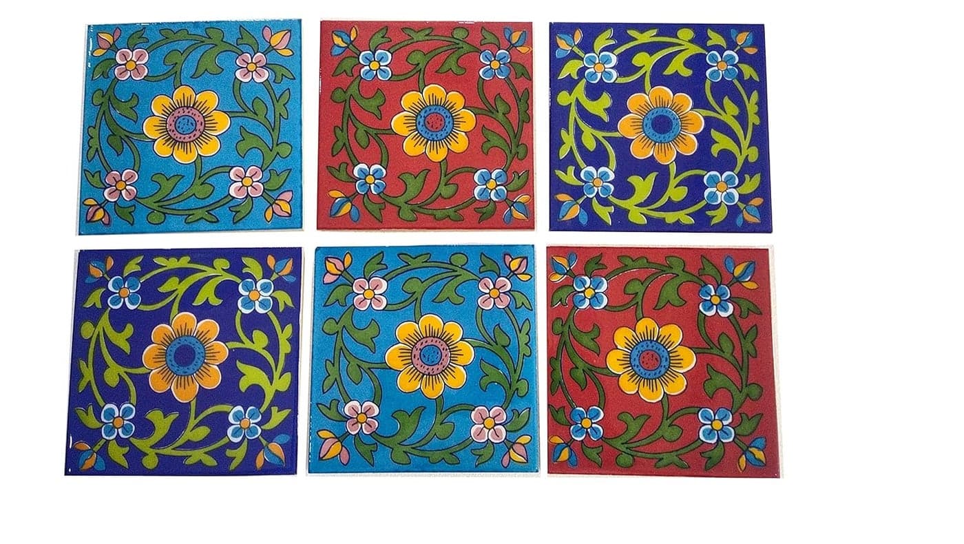 Shiv Kripa Blue Pottery Home Decorative Ceramic Wall Hanging Tile Design Flooring Tiles Floral Kitchen Washroom Mosaic Furniture Tile Handmade Backsplash 6 x 6 Inches Tile 6 x 6 Inch Multi
