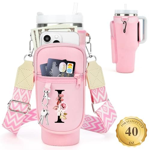 LOKASS Personalized Water Bottle Holder with Strap for Stanley Cup Accessories 40 oz Initial for Stanley Cup Holder Carrier Bag with Phone Pocket Stylish Tumbler Accessories Gifts for Women Pink