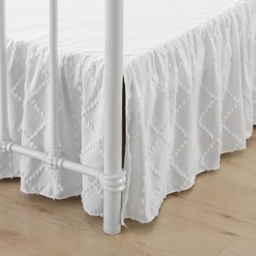 Bed Skirt Queen Size Ruffled Bed Skirt with Split Corners, 14 Inch Drop Dust Ruffle Bed Skirts with Platform, Boho Tufted Shabby Chic Full Size Bed Skirts, White