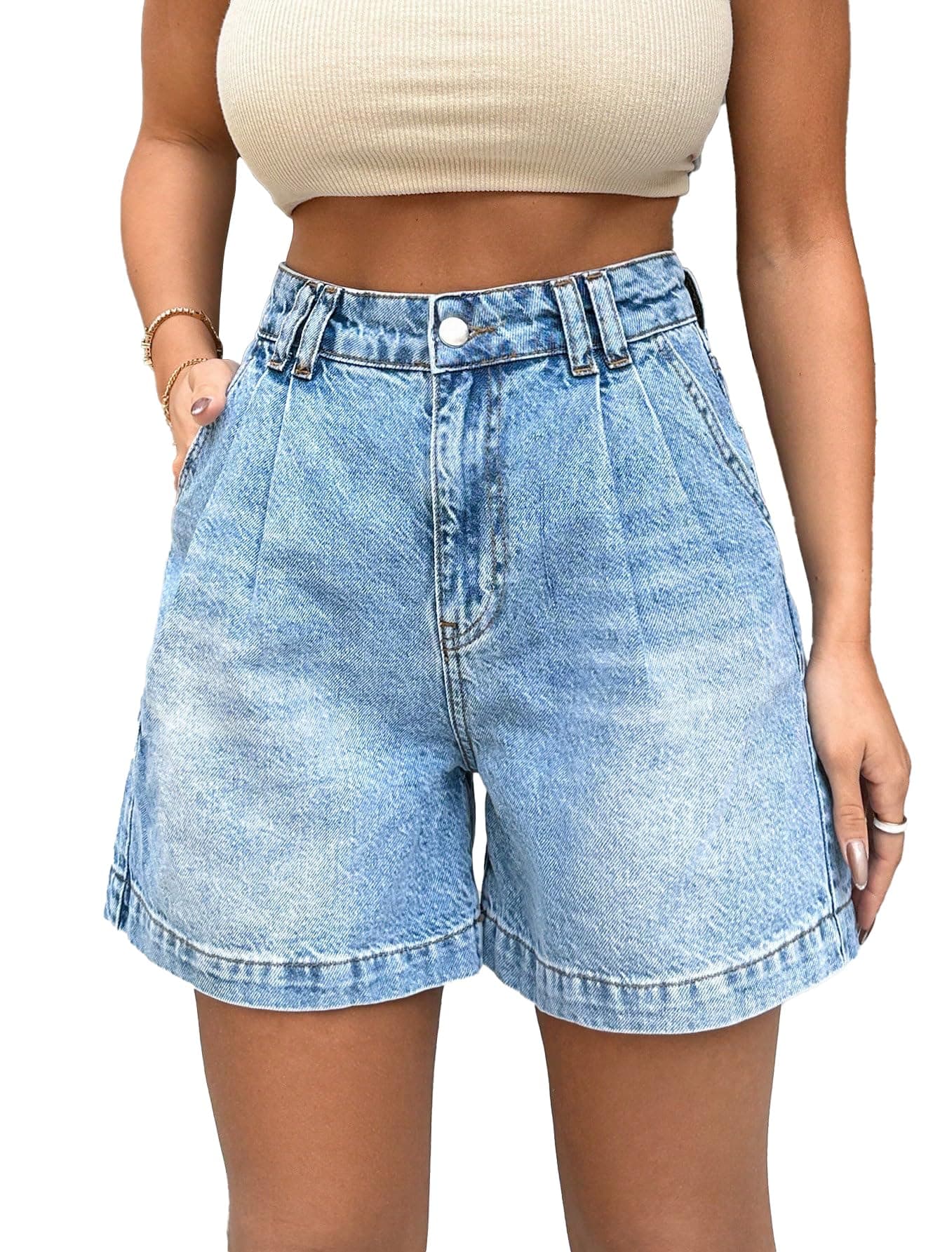 Shasmi Girl's & Women's Light Blue High Waisted Denim Shorts, 2025 Fashion Vintage Wash, Straight Cut (Short 234 Light Blue-XS)