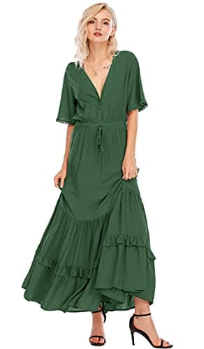 R.Vivimos Womens Summer Cotton Short Sleeve V Neck Floral Print Casual Bohemian Midi Dresses (Medium, ArmyGreen)