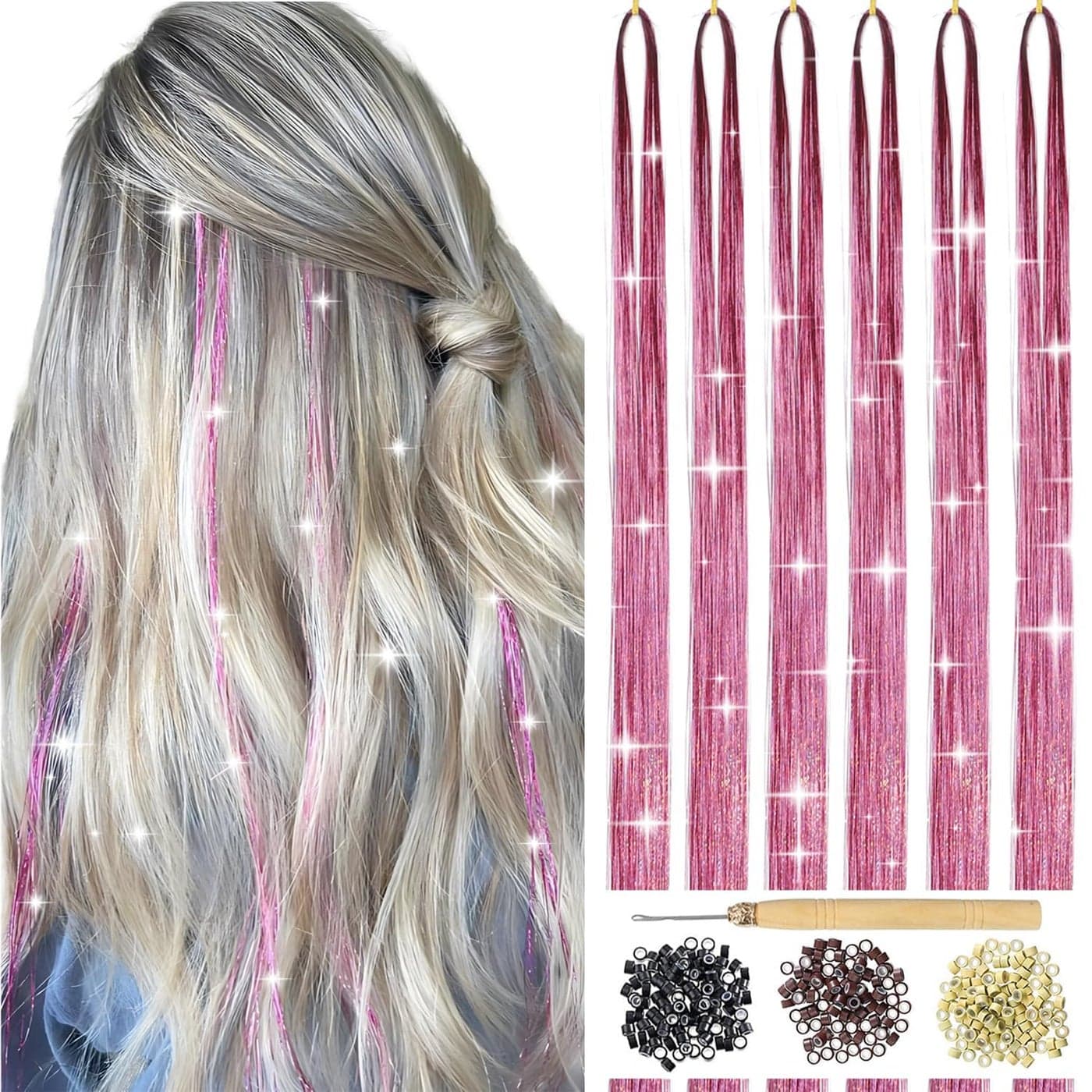 Hair Tinsel Kit With Tools 6Pcs 1200 Strands Pink Tinsel Hair Extensions Heat Resistant Fairy Glitter Hair Extensions Sparkling Shiny Hair Accessories for Girls Women Kids Pink