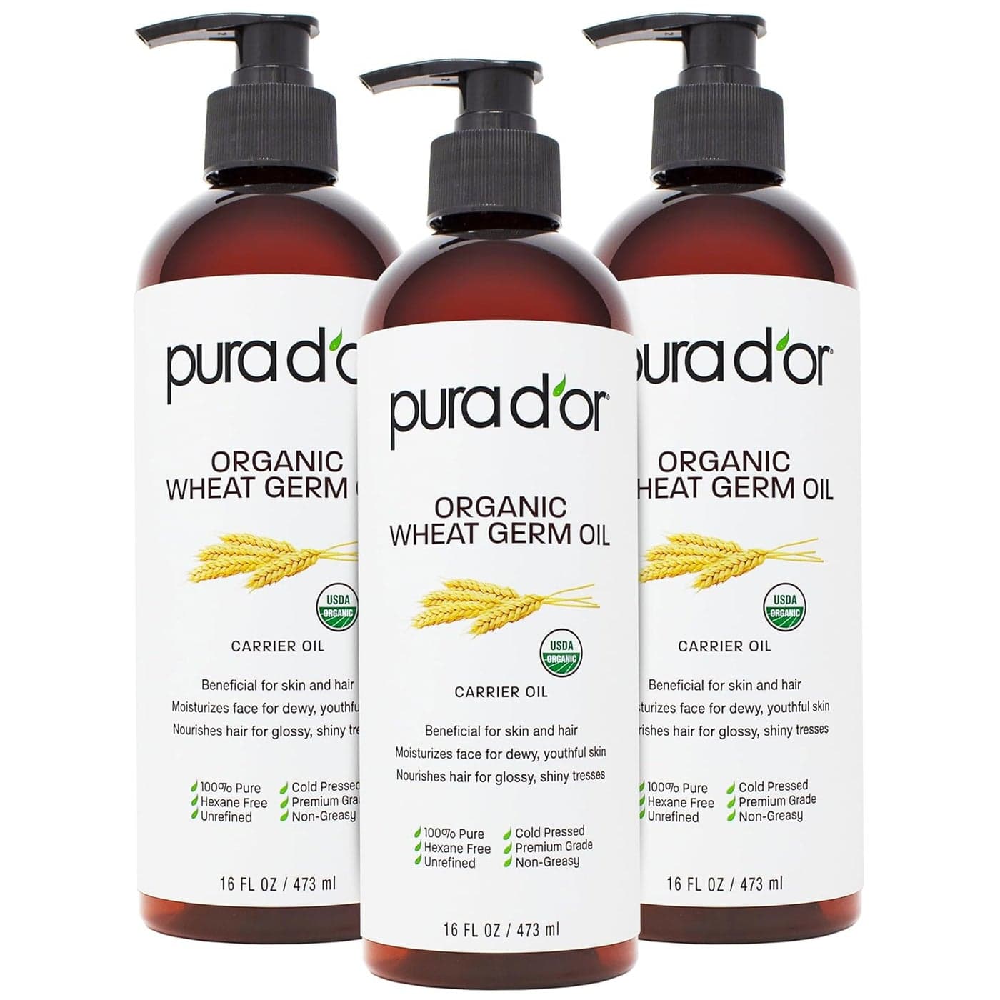 PURA DOR ORGANIC Wheat Germ Oil 16 Oz x3 48 Oz 100 Pure Natural USDA Certified Cold Pressed Carrier Oil Vitamin E Rich Moisturizing Nourishing AntiAging Properties Healthy Hair Growth