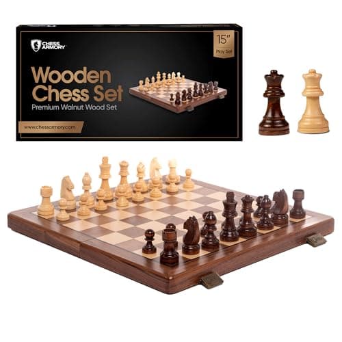 Chess Armory Wooden Chess Set 15 Inch - Premium Walnut Wood Handcrafted Game Board for Adults and Kids with Extra Queen Pieces and Storage Box - Ideal for Home and Travel - Non-Magnetic