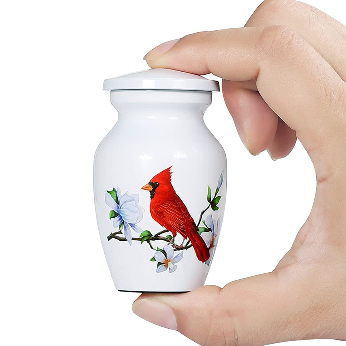 ICOKEE Red Cardinal Bird Small Keepsake Urn for Human Ashes or Pet Ashes Aluminum Mini Cremation Urn for Ashes White Memorial Ashes Holder Qty 1 with Velvet Bag