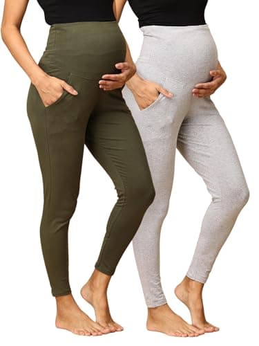 The Mom Store Maternity Leggings | Comfort Stretch Pregnancy Leggings for Women | Over The Belly Design | Maternity Wear for Pregnant Women(Olive-Grey, XL)
