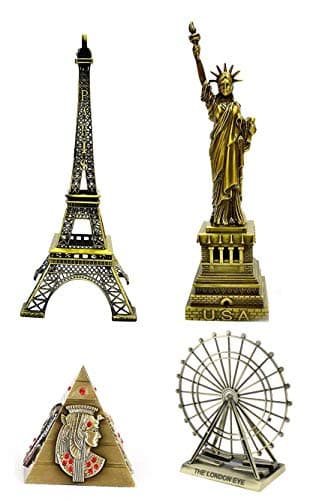 Lilone Metal Paris Eiffel Tower, Statue of Liberty, Pyramid, London Eye Showpiece Combo for Home Decoration Items, Birthday, Standard
