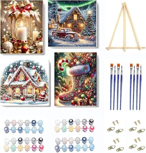 4 pack Christmas Paint by Numbers Kit for Adults Beginner with framedWinter Easy Adult Paint by Number Kits on Canvas DIY Painting for Beginners Art by Numbers for Home Wall Decor 10x1210x10 Inch