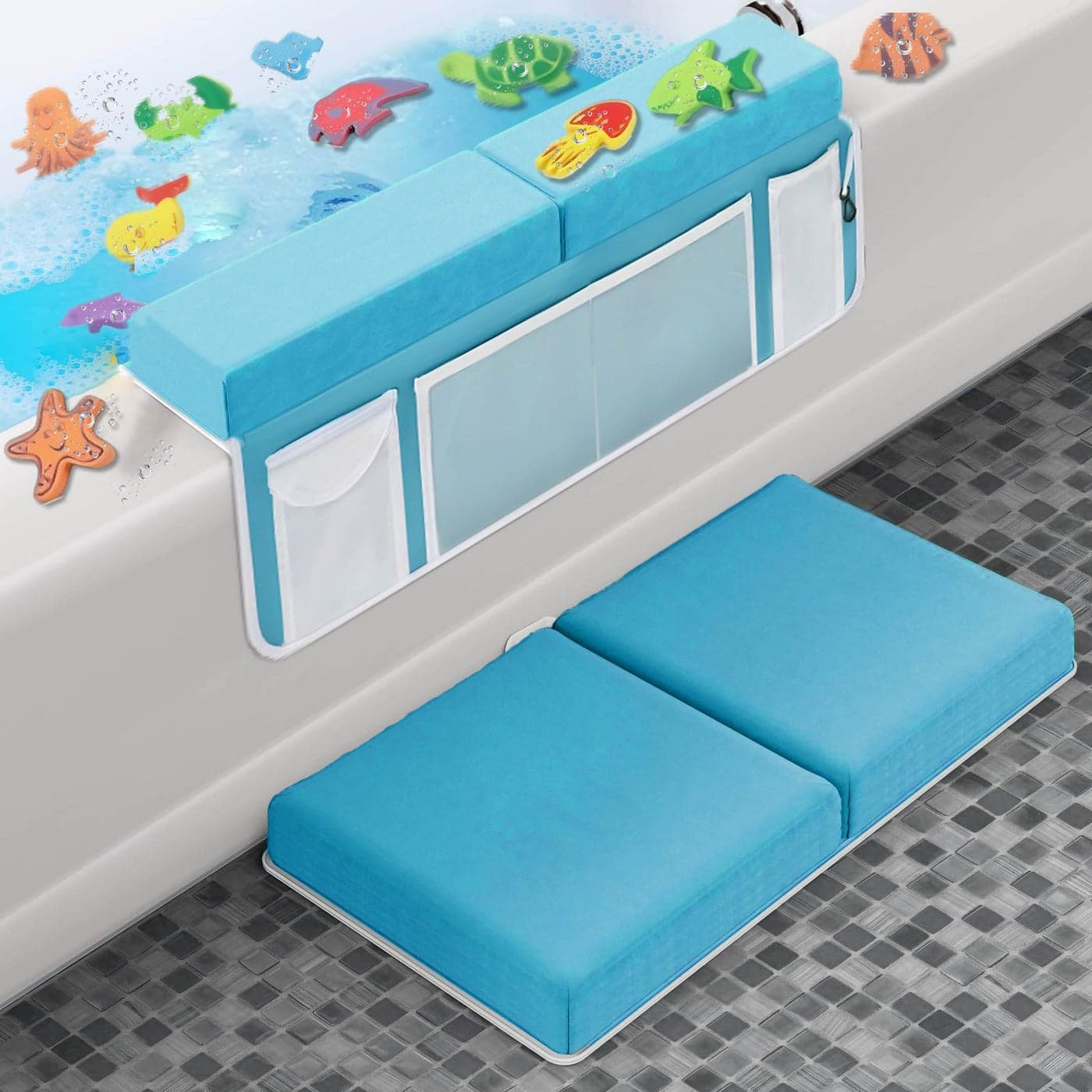 Supa Ant Baby Bath Kneeler and Elbow Rest Pad Set The Only Certified Extra Thick Bathtub Kneeler with Builtin 5 Pockets Organizer Bath Kneeling Pad for Bathing Baby with 8Suction Cups Blue