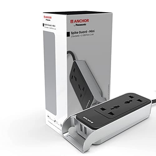 Anchor by Panasonic 6A Extension Board with Handle, 2 Sockets + USB 2.4A, 1.5m Cable (Black and Silver, 240 volts) (22074)