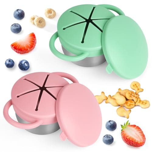 2 Pack Snack Cups for Toddlers Spill Proof - Detachable Stainless Steel Toddler Snack Cups with Silicone Lids & Handles - Dishwasher Safe Baby Snack Containers for Mess-Free Snacking (Green and Pink)