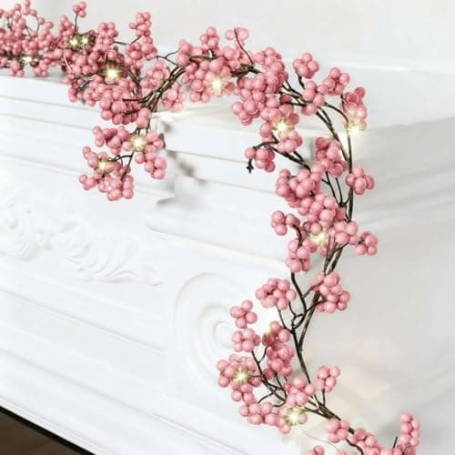 Syhood Valentines Berry String Garland with Lights Thanksgiving Artificial Lighted Garland for Home Xmas Winter Tree Decor Office Fireplace Mantel Decoration Holiday 6 FtPink 1 Pc