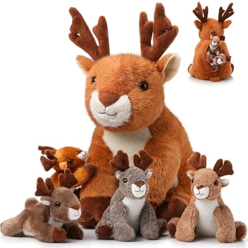 Poen Plush Deer Stuffed Animal Set 16 Inch Cuddly Mommy Deer Plush with 4 Cute Little Plushes in Her Zippered Tummy for Kids Birthday Baby Shower Decor Gift Woodland Party FavorsSitting