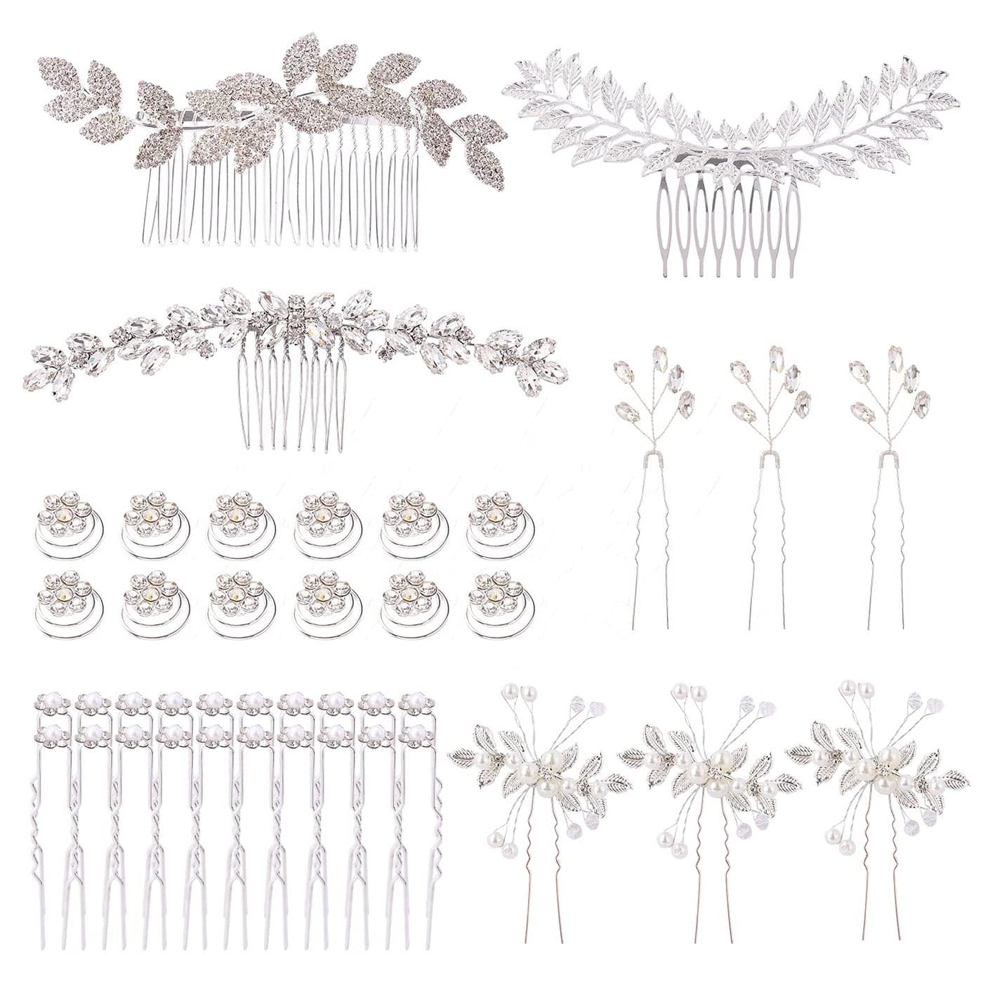 Cinaci 41 Pack Sparkly Silver Rhinestone Leaf Flower Pearl Bridal Hair Side CombsUshaped Twist Hair Pins Clips Barrettes Wedding Headpieces Accessories for Women Girls Brides Bridesmaids