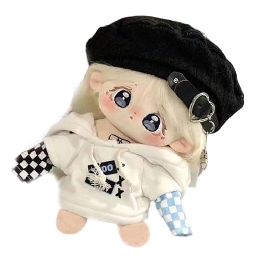 Ruyumei 20cm Kawaii Anime Cotton Doll Plushie with Embroidered Big Eyes Girls Favorite Dressed in White Hoodie and Black Hat Accessorized with Red Shoes Doll Clothes Skeleton