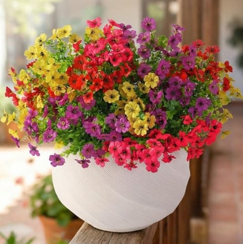 Artificial Flowers for Outdoors, Faux Spring Silk Flowers with Eucalyptus Leaves, UV Resistant Fake Plants for Garden Home Decoration, Outdoor Flower Pots (Mix of Hot Pink, Red, Purple, Yellow)