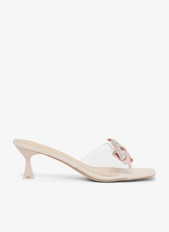 Women Beige Kitten Heel Sandals with Bow Detail