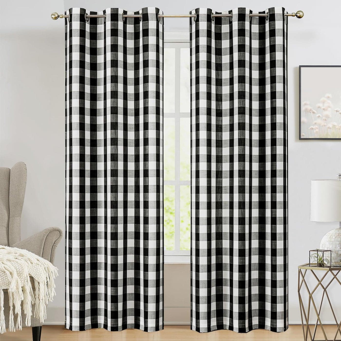 Amzdecor Buffalo Plaid Grommet Curtains 84 Inch Length SemiSheer Farmhouse Rustic Check Textured Curtains Drapery for Living Room Bedroom2 Panels 40 x 84 Black White
