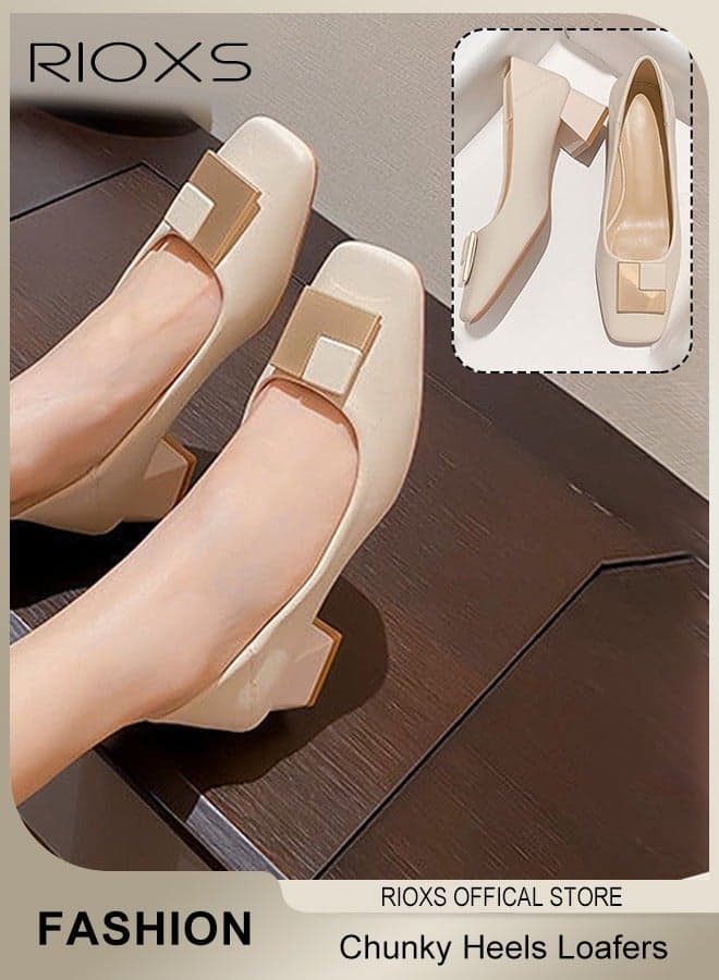Women's Closed Square Toe Pumps, Slip On Chunky Block Heeled Shoes, Soft Comfortable Block Low Heel Dress Shoes for Ladies, Lightweight Non-slip Office Pumps with Metal Buckle, Elegant Formal Chunky Pump Shoes for Office/ Work/ Business / Parties/ Weddings/Dating and More, Beige
