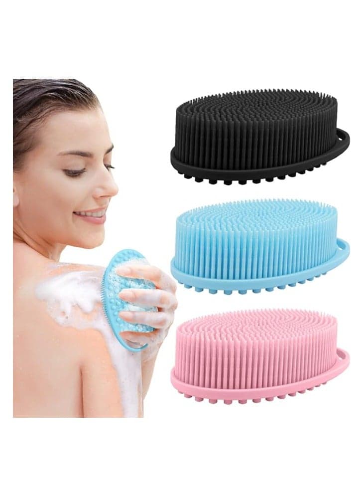 3 Pack Silicone Body Scrubber, Exfoliating Soft Loofah, Scrubber Fit for Sensitive and All Kinds of Skin, Clean Sanitary, Rapid Foaming Black+blue+pink