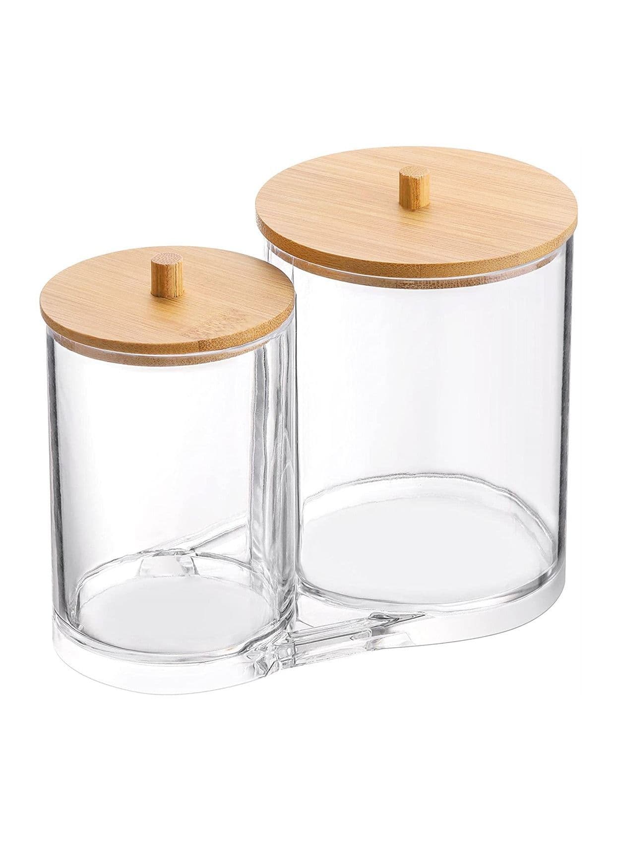 Clear Organizer Jar Cotton Swab Pads Holder Cotton Ball Buds Dispenser Bathroom Jar For Storage with Wood Lid