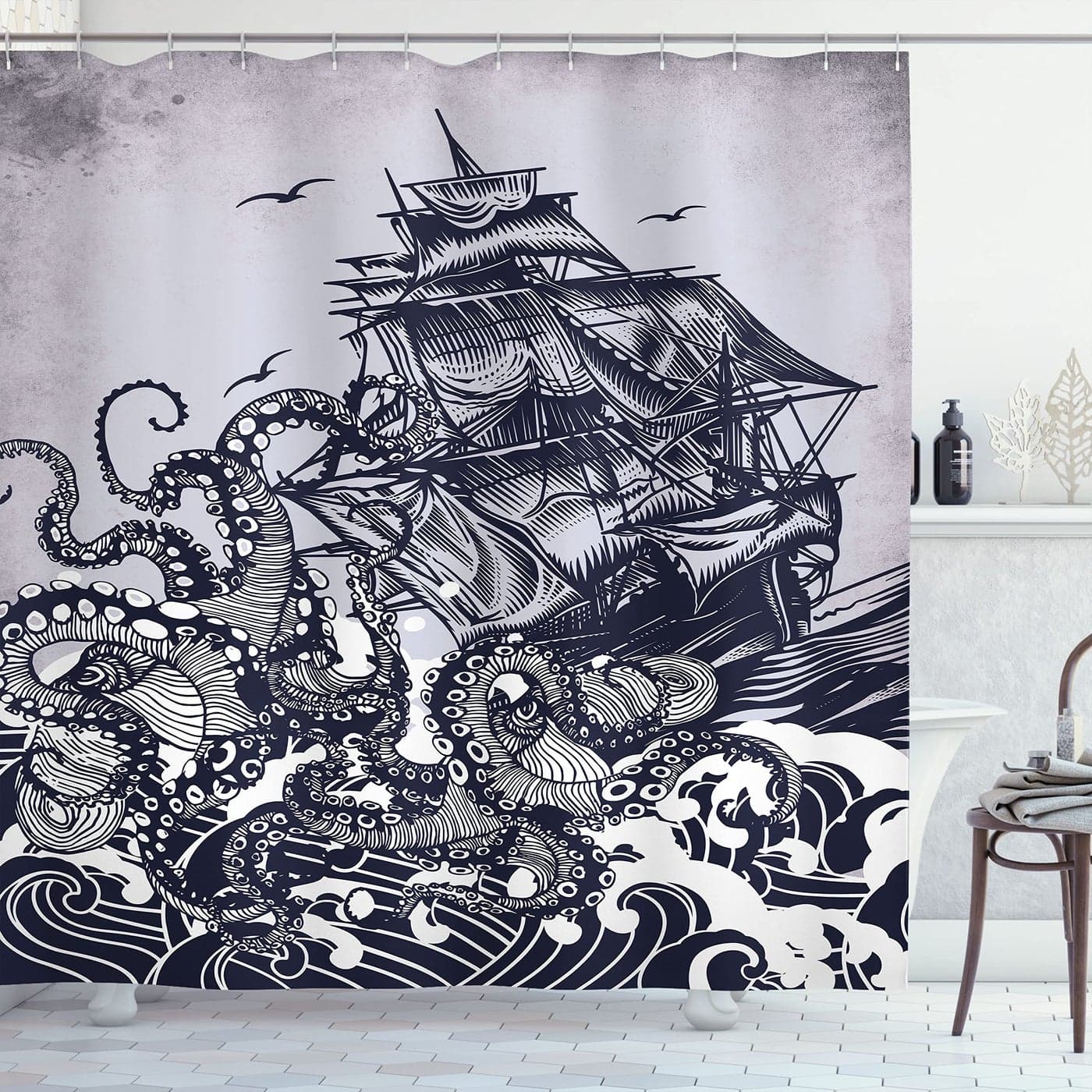 Ambesonne Nautical Shower Curtain Coastal Nature Theme Kraken Octopus Tentacles with Ship Sail Old Boat Art Drawing in Ocean Waves Cloth Fabric Decor for Bathroom Set with Hooks 69 W x 70 L Blue