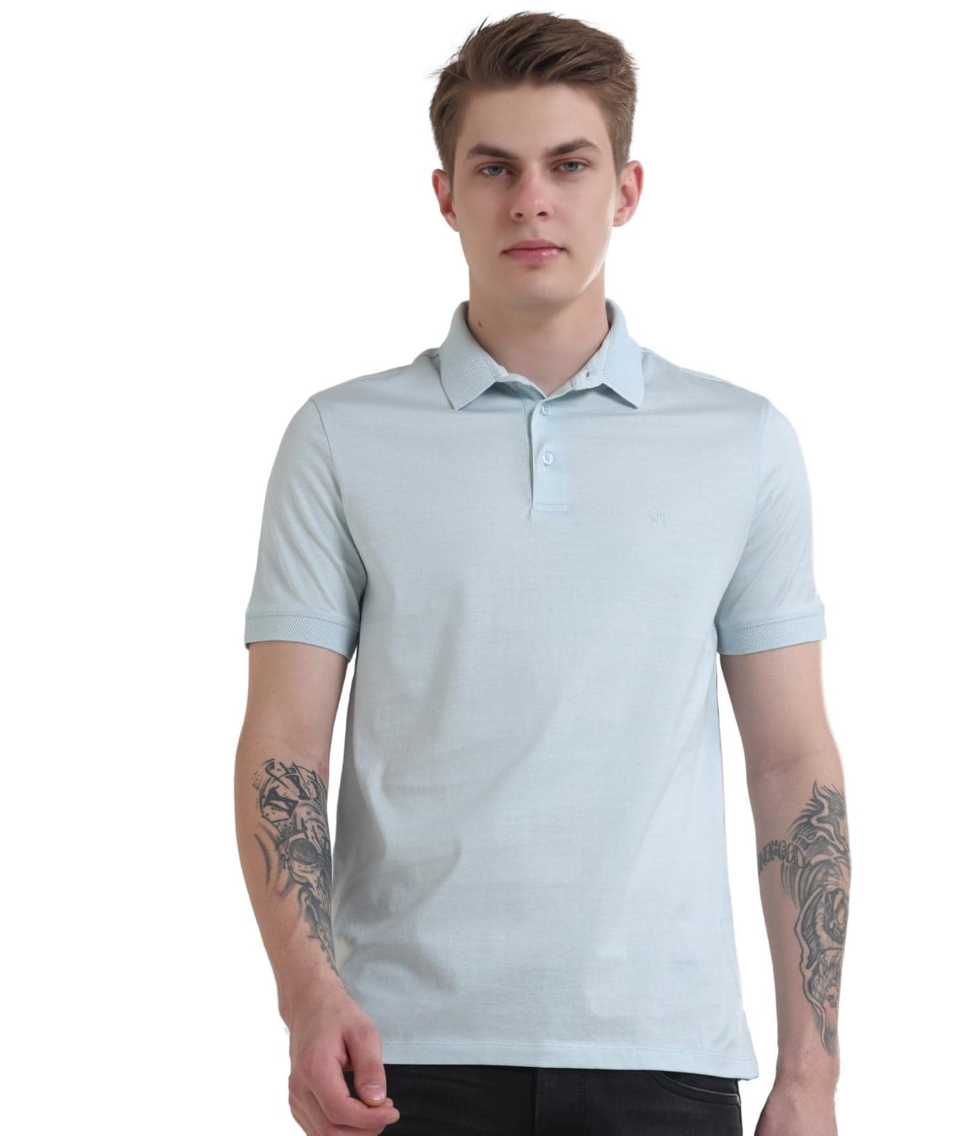 TURMS Men's Anti-Odor Casual Solid Polo T-Shirt, Moisture Control & Wicking, 100% Gassed Mercerized Cotton, Jacquard Collared Neck, Half Sleeve Blue