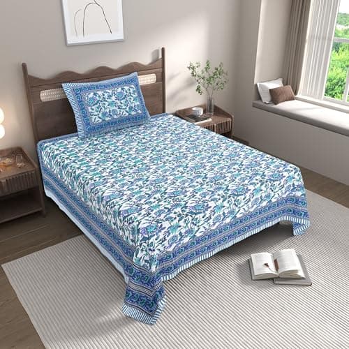 EasyGoods® Cotton Bedsheet for Single Bedsheet with 1 Pillow Cover 60x90 Inch, Handcrafted Bed Sheets (Blue-3)