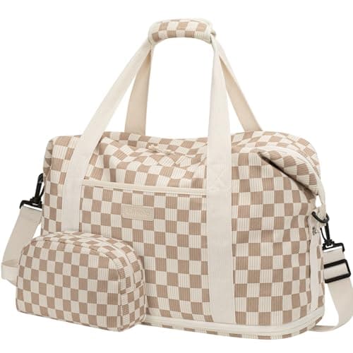 Expandable Travel Duffle Bag, Waterproof Weekender Overnight Bags for Women Men Hospital Bag for Women Labor Delivery Carry on Bag with Toiletry Bag for Travel (Corduroy Khaki Checkered, Large)