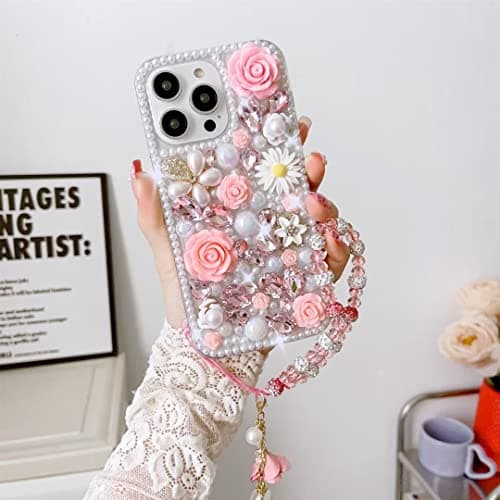 Threesee for iPhone 12 Pro Max Bling Case,Luxury Crystal Rhinestone Flowers Glitter Diamond Pearl Women Girls Kids Case Cover with Lanyard for iPhone 12 Pro Max 6.7 inch