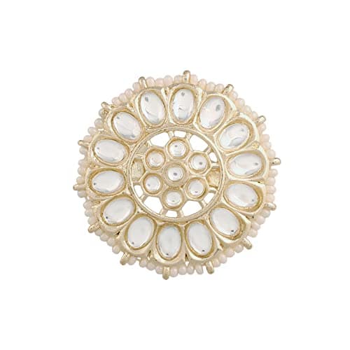 I Jewels Gold Plated Traditional White Kundan & Pearl Studded Adjustable Finger Ring for Women (FL205) (White)