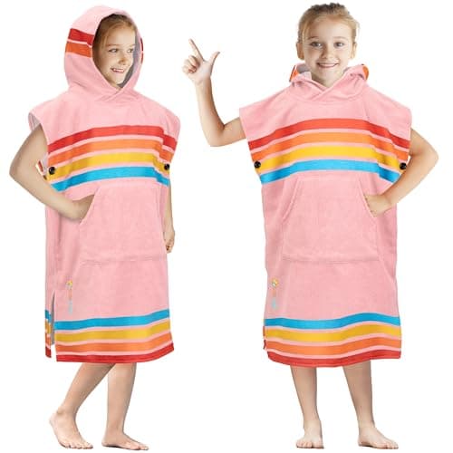 SUN CUBE Kids Changing Robe Surf Poncho, Kids Beach Towels, Hooded Towel for Toddler Bath Pool, Microfiber Quick Dry Wearable Towel Poncho with Hood, Swim Towel for Boys Girls 3-7 Years, Sunset Pink